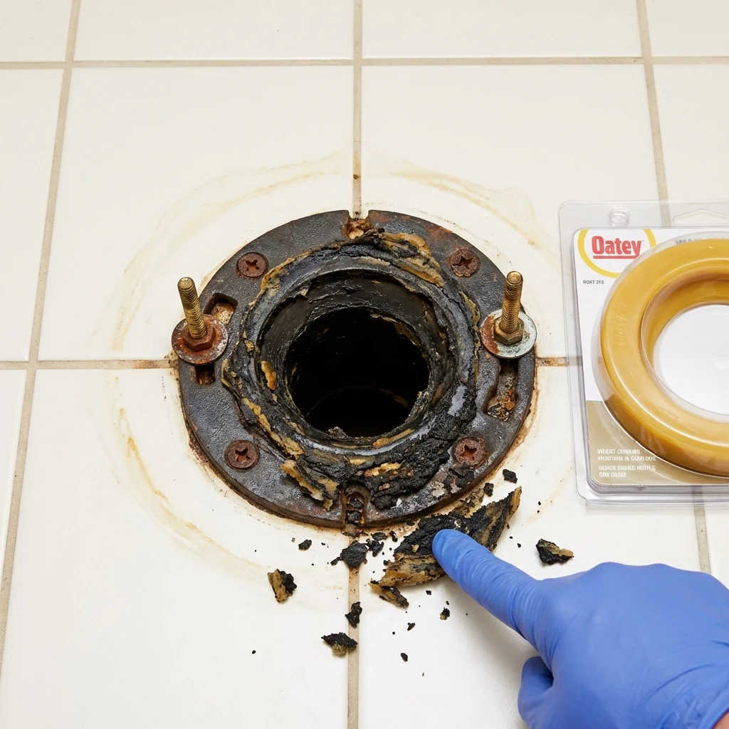 Failed wax ring showing water seepage at the base of a toilet in a Dayton, OH home