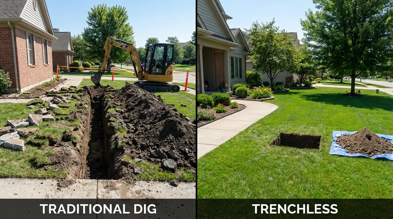 Trenchless sewer repair with minimal yard damage versus traditional excavation in Dayton, OH