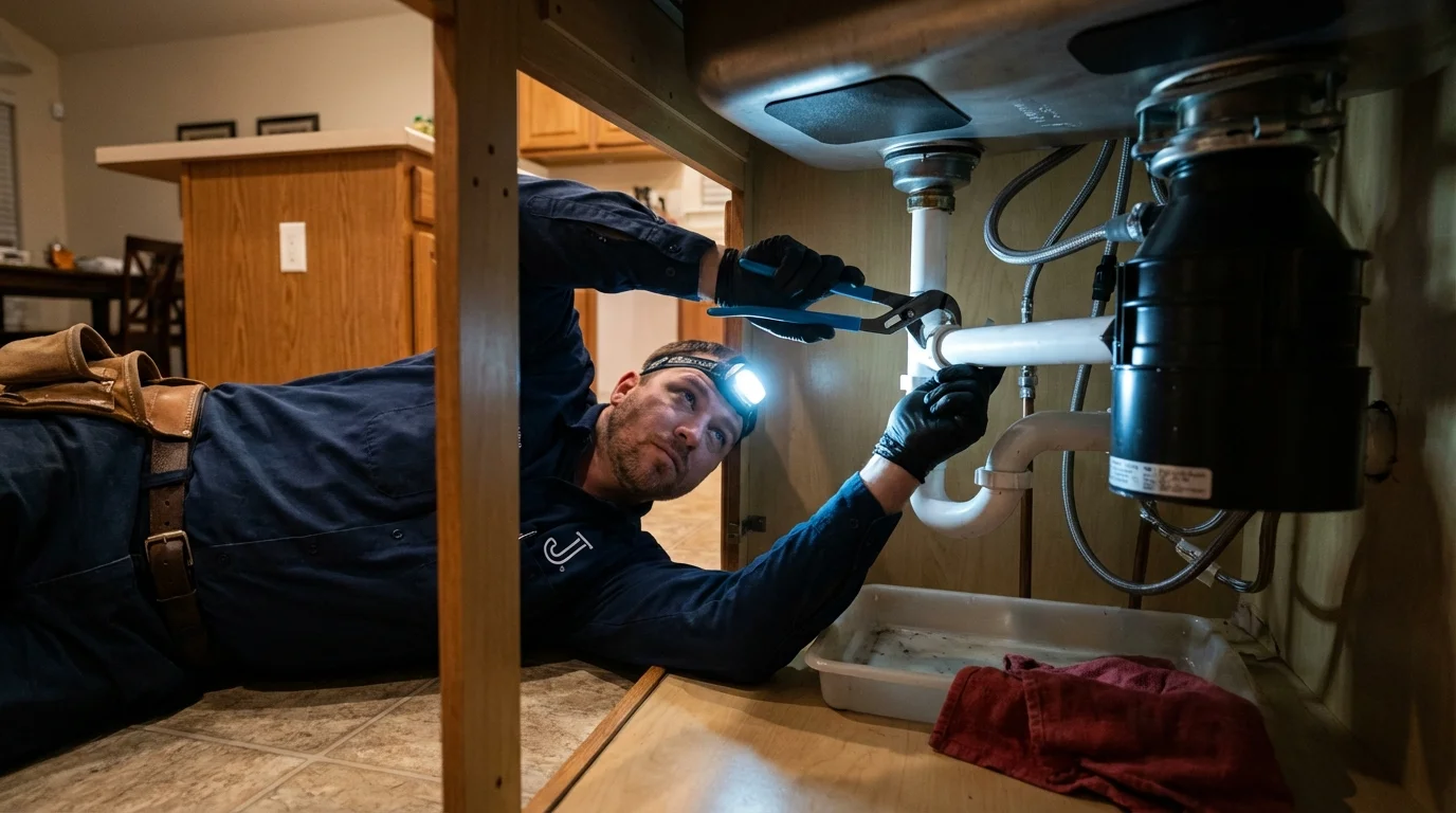 P-trap and supply line connections under a kitchen sink showing a common leak point in Dayton, OH